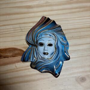 Vintage Womens Decorative Ceramic Mask Mascara Blue Gold 5X6